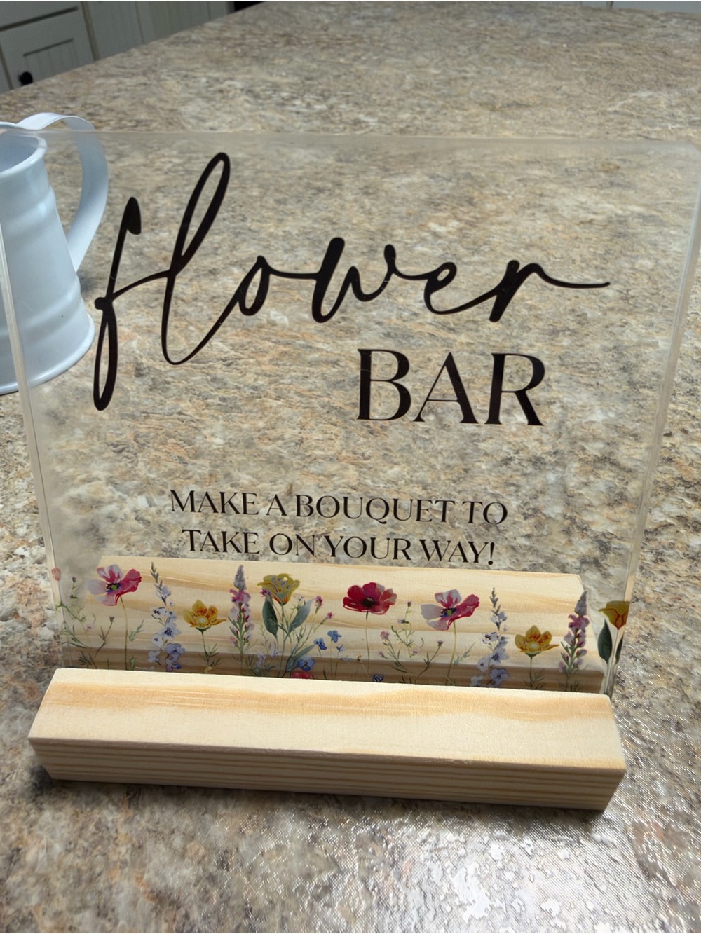 Flower Bar Acrylic Sign with Wood Base - Clear with Black & Floral Accents